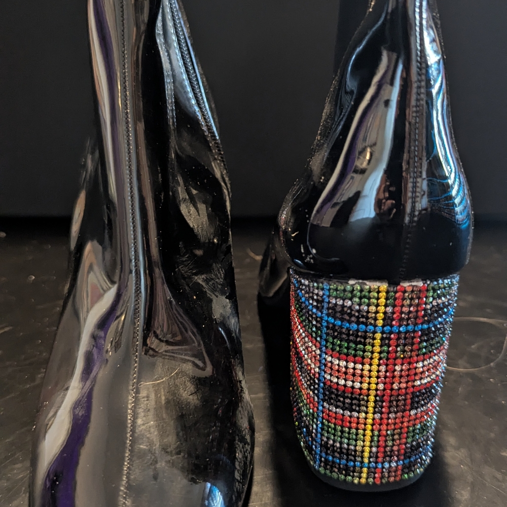 Betsey Johnson Black Patent Ankle Boots with Colorful Beaded Heel - Picture 3 of 7